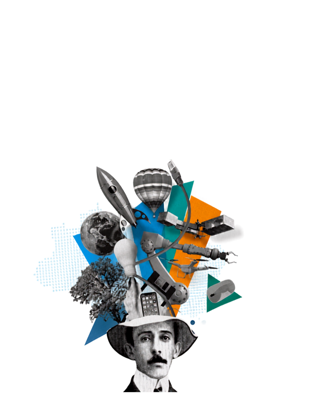 Ilustração do programa Centelha AL 2026: ícones de inovação e tecnologia — foguete, satélite, drone e robótica — ao redor de um personagem inspirado em Santos Dumont